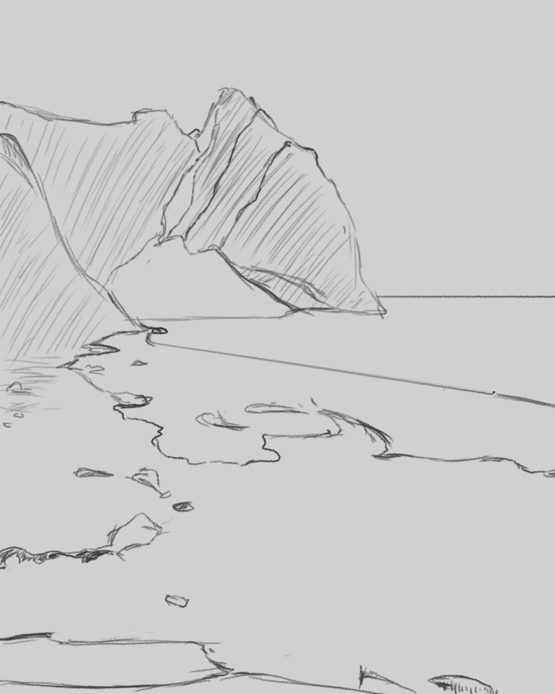 This is the rough sketch of the beach. Their is a giant cliff in the background, but towards the Left. The mid ground has a large cliff structure to the left. The overall terrain is grass in the forgound and few rocks scatter around the image. The overall feel of this piece is sunny and relaxing.
