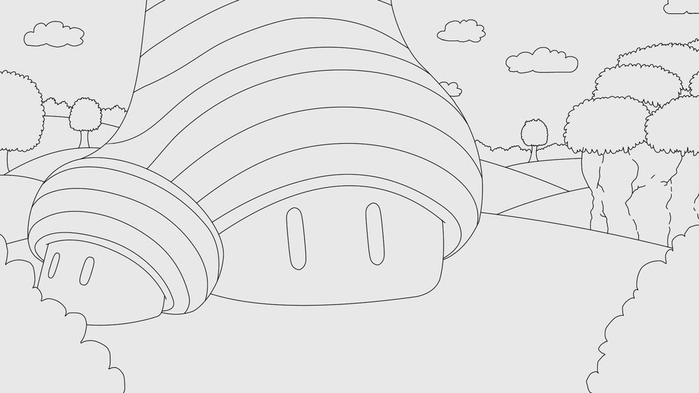 This is the final line art of a landscape made for a Mario animation . It  has rolling hills, trees and a cliff to the right with clumps of foliage. Near the foreground, there is a mushroom tree base in the center and bushes on the left and right to frame the image. Also, this image depicts a sunny day with small clouds in the sky. 