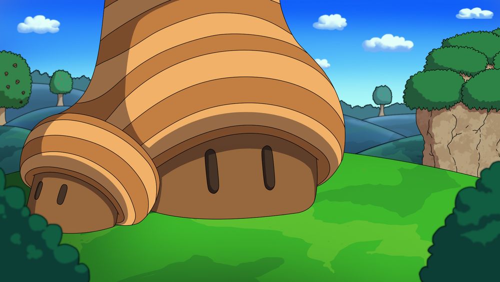 This is the final painting of a landscape made for a Mario animation . It  has rolling hills, trees and a cliff to the right with clumps of foliage. Near the foreground, there is a mushroom tree base in the center and bushes on the left and right to frame the image. Also, this image depicts a sunny day with small clouds in the sky. 