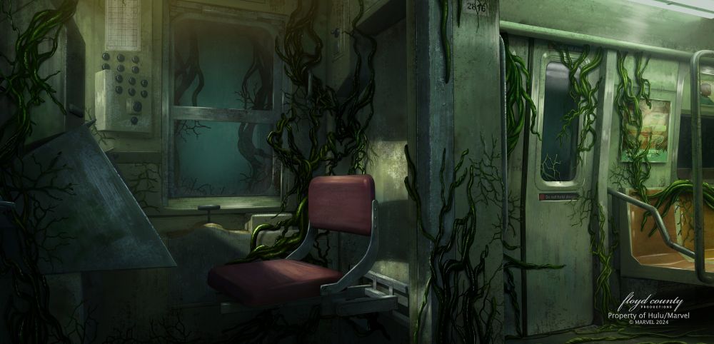 This is a painting of the interior of a train. It shows another angle of the cab area; revealing the passenger area. This background also has lots of green vines on the walls, door, and the ground. The back is lit by a white fluorescent light, while the cab area has dim yellow lighting.  The overall feel of this background is ominous. 