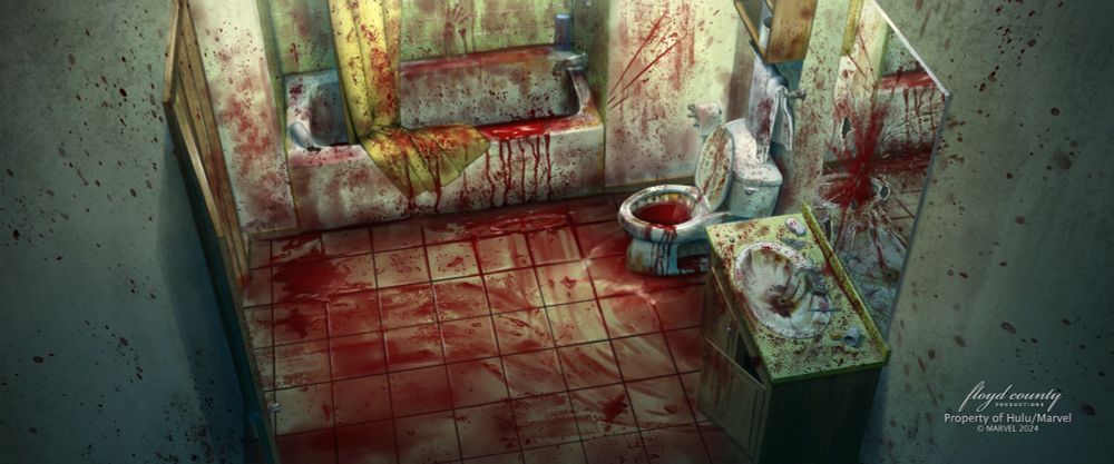 Background painting for a show called "Hit-Monkey" Season 2. It shows a dirty bathroom covered in blood with a crack mirror. There is blood splatter everywhere and pools of blood on the floor and in the toilet. It is lit with yellowish white lighting and complemented with cool shadows. 