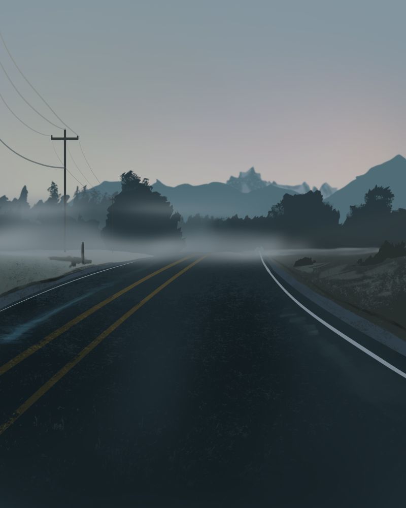 This is a painting of a road with Trees and a mountains in the background. Their is a also 2  utility poles with electric wires connecting to them. The overall feel is dark overcast day.