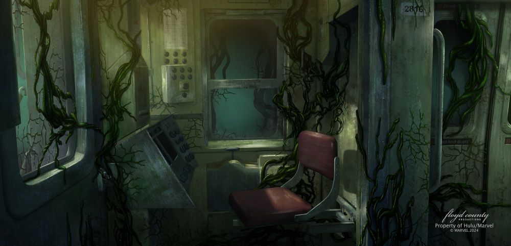 This is a digital painting of the cab area with a lot of green vines all over the walls and there is yellow lighting coming into the middle window. Also, the walls are very grungy. The overall feel is ominous. 