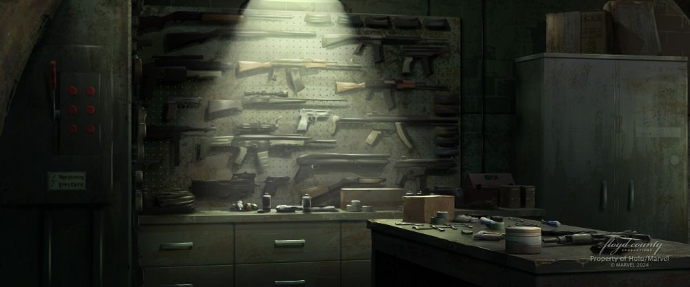 This is a background design painted for "Hit-Monkey" Season 2.  Its a painting of one of the rooms in an underground bunker. It has a wall full of guns in the center; lit by a yellow light from above. The foreground has an old worn steel table with several objects ( a gun, box, tools and etc.). The overall feel of this painting is Moody and dark. 