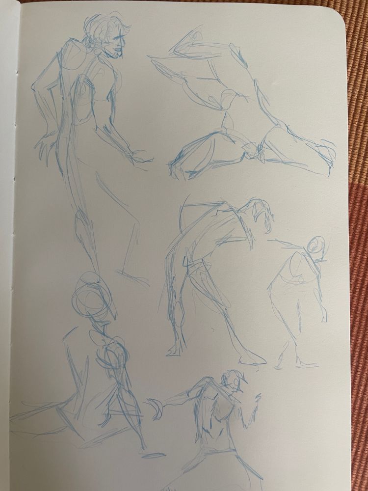 Rough sketches of a male figure model in blue pencil. Standing sitting bending over very rough gesture style