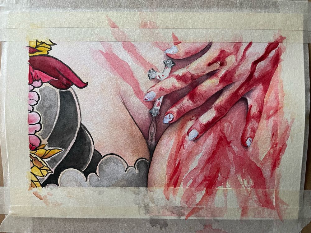 A watercolour painting depicting soft thighs (one tattooed, one not but smeared with blood) and a hand pressing a small, ornate blood-speckled cross to a naked mons pubis.