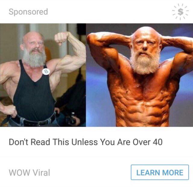 A screenshot of a Tumblr ad of a muscle grandpa with a beard flexing in two photos. He’s topless and deeply tanned in the right photo and has a six- or maybe even eight- or nine-pack. The text says ‘Don’t read this unless you are over 40’.