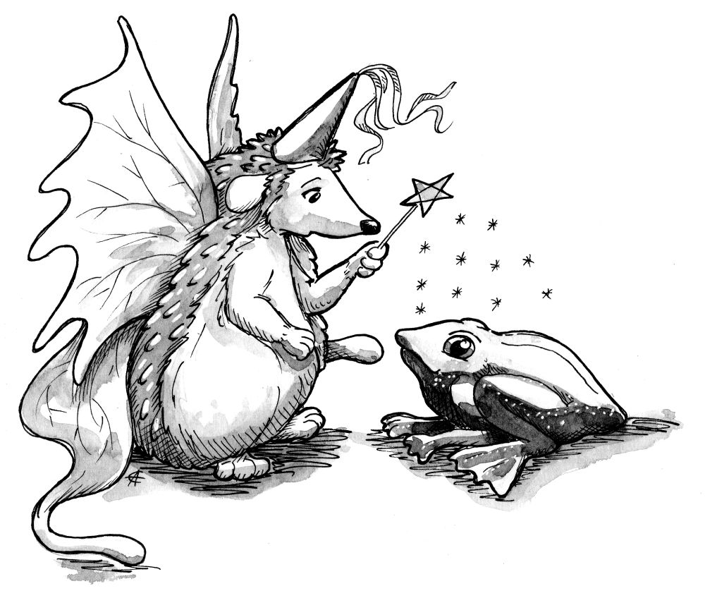 une fée hérisson essaie de transformer une grenouille. dessin noir et blanc