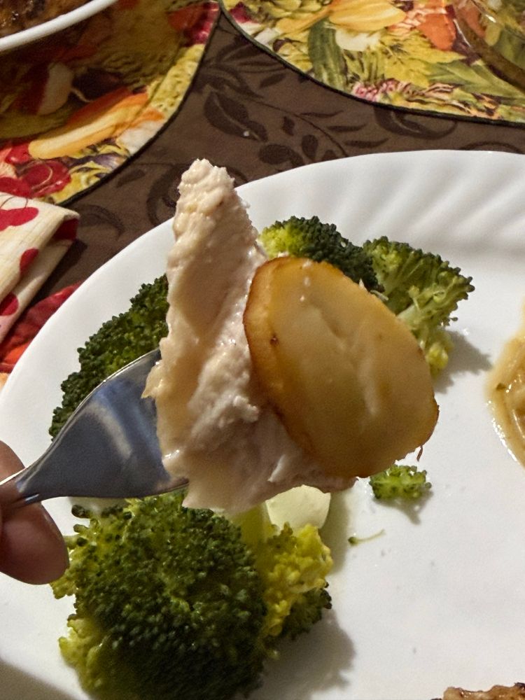 A bite of roast chicken and pine mushroom