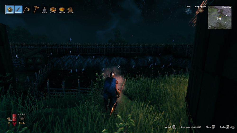 Screenshot from the game Valheim showing a lot of birds hanging around. A lot of birds.