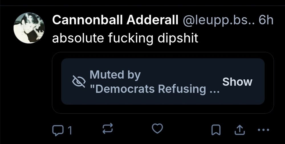 Inception bluesky a tweet screenshot of cannonball Adderall quoting rupar, but thankfully on my TL, rupar is muted by "Democrats not taking responsibility" bluesky mute list. Ahhhh peace. 
Cannonball says rupar is an "absolute fucking dipshit," and is extremely smart and correct.  