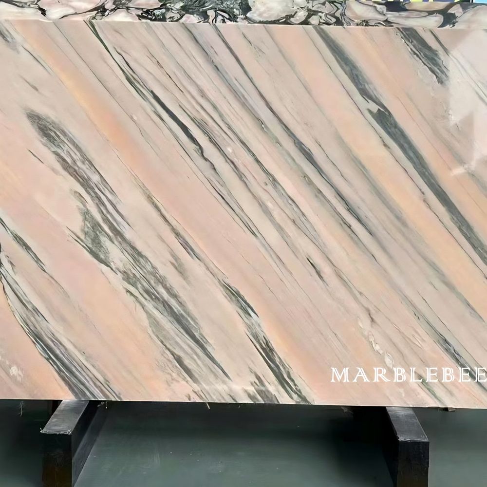 Polished Marble slab with pink, white, black natural stone lines. 