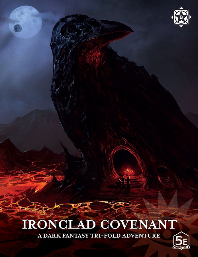 A mountain peak shaped like a raven is surrounded by a caldera of lava. Silhouetted by the red glow are three figures. In the background is a partially eclipsed moon that resembles a roving eye. 