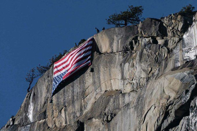 US flag hanging upside down in Yosemite National Park