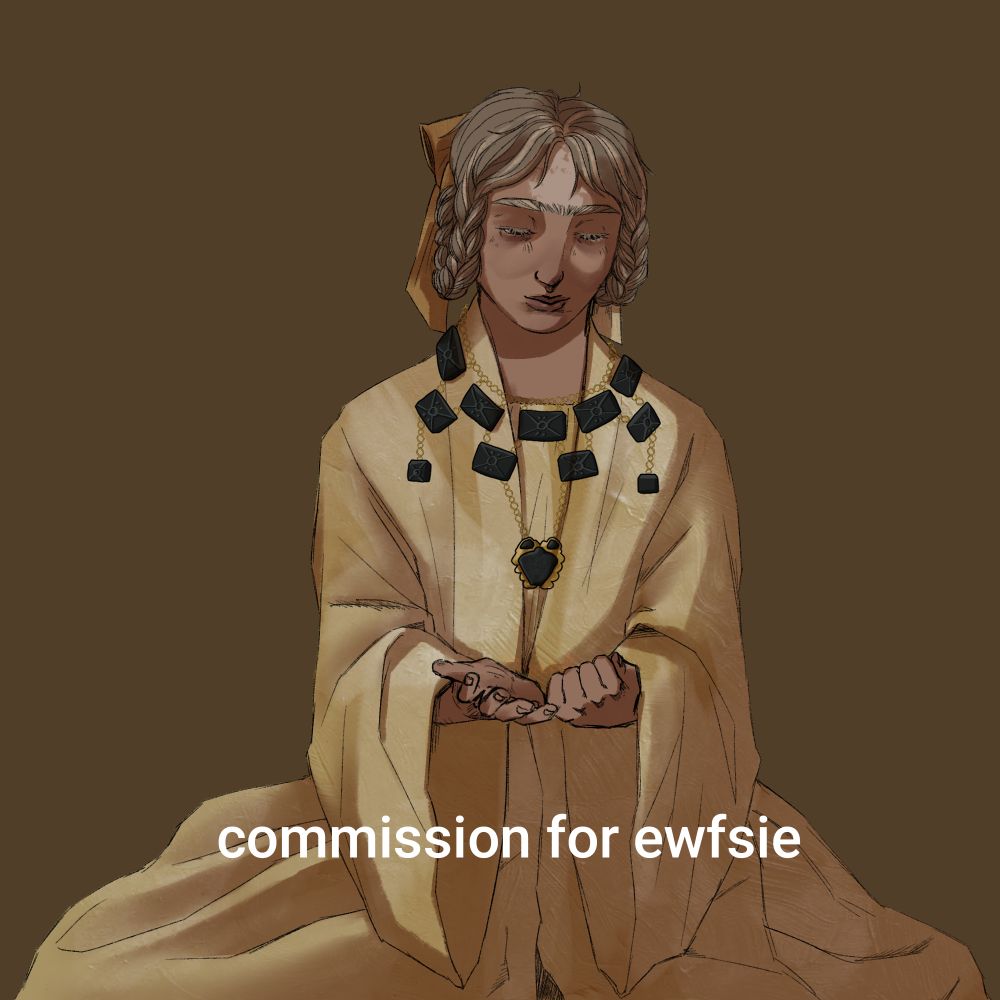 a halfbody of a female character in gold robes, her hair is on two braids that are looped around her head and tied with a golden bow. She has golden chains and black stones as jewellery. She's sitting, her hands held together in a prayer.