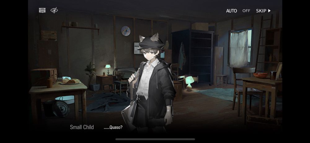 Another screenshot from the Arknights/Rainbow 6 crossover event, Operation Lucent Arrowhead
A young boy with cat ears wearing a newsboy cap stands in the same dingy room. The boy responds to Doc’s correction, saying “……Quaso?”