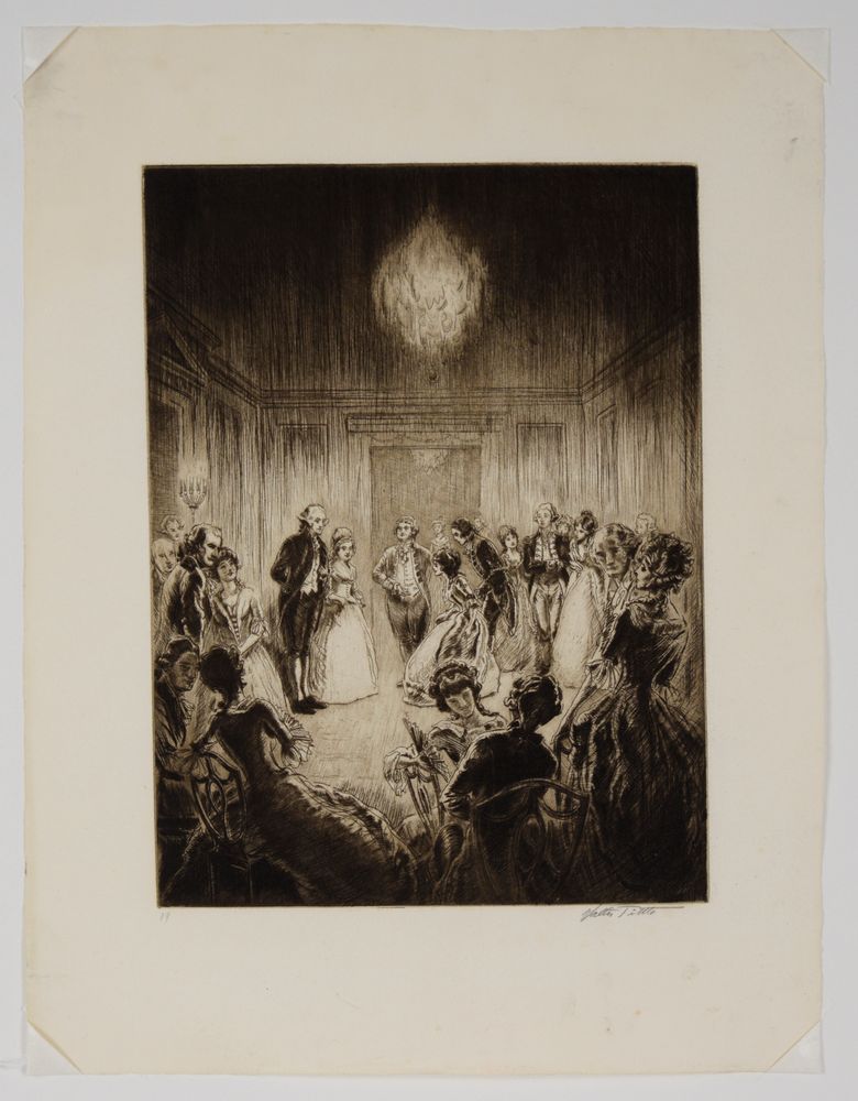 1932 black and white etching titled "Lady Washington's Levee" (from the portfolio "The Bicentennial Pageant of George Washington"), 1932 by Walter Tittle (American, 1883-1966). George and Martha Washington can be seen in the back left corner, amongst other guests. A chandelier lights up the dim room.
