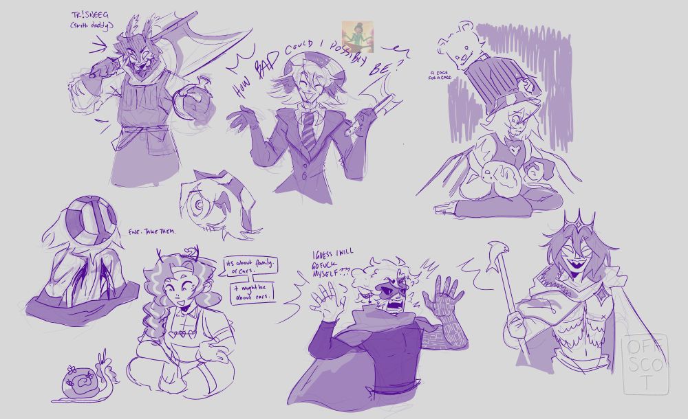 A page of doodles relating to minecraft SMP characters, including 'The Realm' Sneegsnag, Foolish and Philza, QSMP Etoiles, Philza and Cucurucho, and Wild Life GeminiTay.