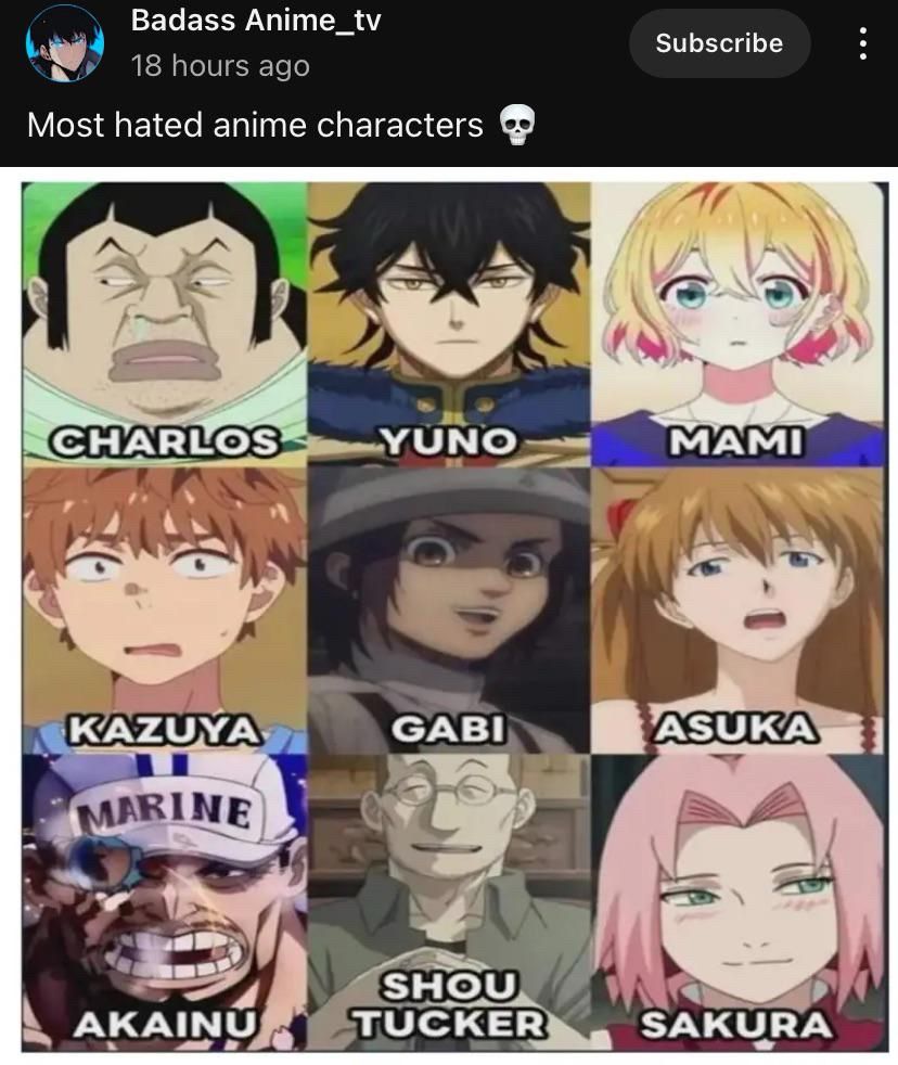 Most hated anime characters: Charlos, Yuno, Mami, Kazuya, Gabi, Asuka, Akainu, Shou Tucker, Sakura 