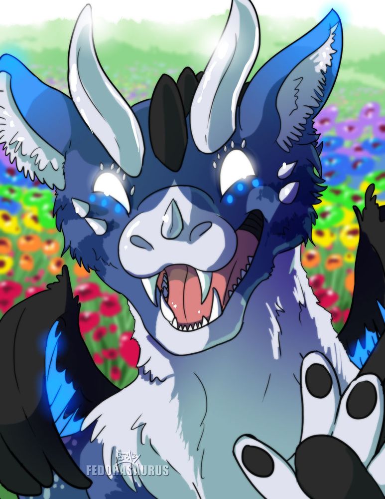 Colorful portrait of a smiling, blue and white furry with large ears and backswept horns. Black and blue wings are curled forward, a paw is raised in greeting, and white eyes glow with happiness. The background is a field of flowers in a rainbow pattern, reminiscent of a pride flag.
