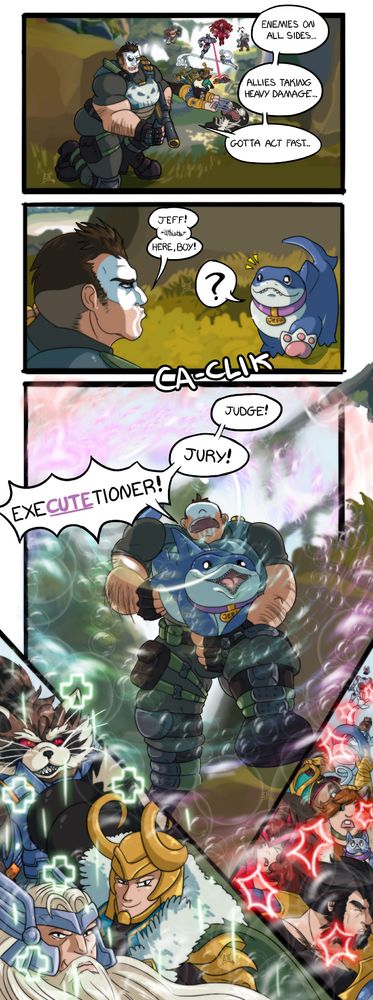 A comic featuring the Punisher (Frank Castle) in the middle of a battle on Krakoa. In the background, we can see his teammates being overwhelmed by enemy superheroes/villains. As he crouches behind a boulder, he says to himself, "Enemies on all sides... allies taking heavy damage... gotta act fast."

In the next panel, Punisher is whistling to Jeff the Land Shark to get his attention, calling out, "Jeff! Here, boy!" Jeff waddles over curiously.

We see the sound effect of a gun cocking, with the next panel showing Punisher coming out of hiding, holding Jeff like a machine gun. He hollers his Ult dialogue, with a twist: "Judge! Jury! ExeCUTEioner!" while Jeff spits out bubbles in rapid-fire. The final two panels show the contrast of the bubbles healing their teammates while wildly damaging their enemies.