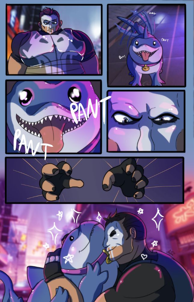 Digital comic featuring characters from Marvel Rivals. There is no dialogue. The first panel shows Punisher (Frank Castle) glaring down at something. A soft pink light glows across his body armor. The second panel shows what--or, who--Punisher is looking at. We see Jeff the Shark looking up at him excitedly, panting and wagging his tail like a dog. The third panel is an extreme close-up of Jeff's open-mouth smile, tongue flopped out, and SFX text in large letters saying "PANT PANT." he fourth panel is an extreme close-up of Punisher's face, his eyes intense as he glares down at Jeff. The next panel shows Punisher's hands reaching out, presumably to grab Jeff off the ground. The final panel shows the aftermath: Punisher giving Jeff a big hug, smiling and burying his face into Jeff's squishy body. Cartoon stars glitter all around them. The backgrounds of the comic are primarily in-game screenshots.