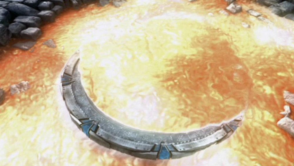 Stargate sinking into lava.