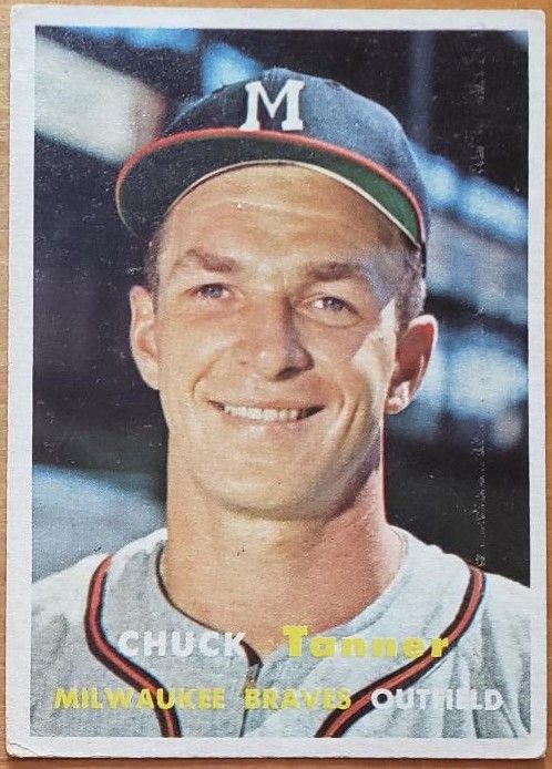 1957 Topps card of Milwaukee Braves outfielder Chuck Tanner.
