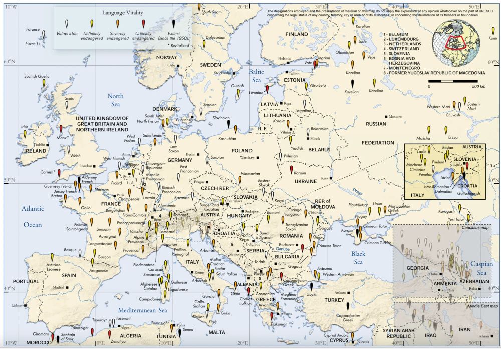 This map shows locations for endangered languages in Europe ranked by language vitality