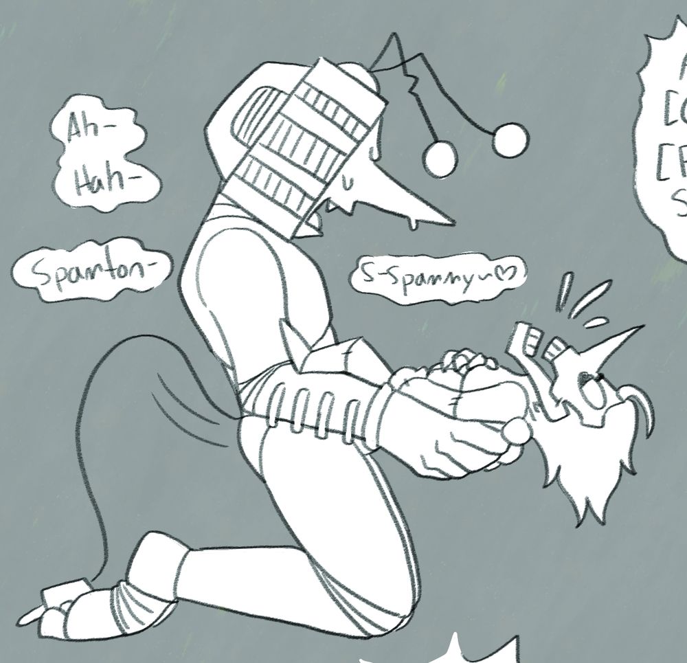 Tenna is holding Spamton in both of his hands while standing on his knees, using Spamton like a sex toy. The speech bubbles are Tenna speaking and say "Ah- Hah- Spamton- S-Spammy~"
