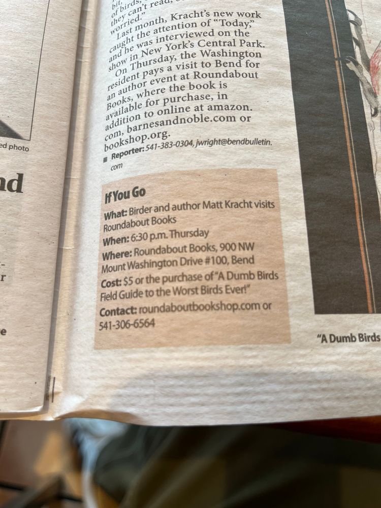 Photo of event information: birder and Author Matt Kracht visits Roundabout Books. 6:30pm Thursday. 900 NW Mt. Washington Drive, Bend, Oregon. Cost: $5 or purchase of book. Contact: roundaboutbookshop.com or 541-306-6564