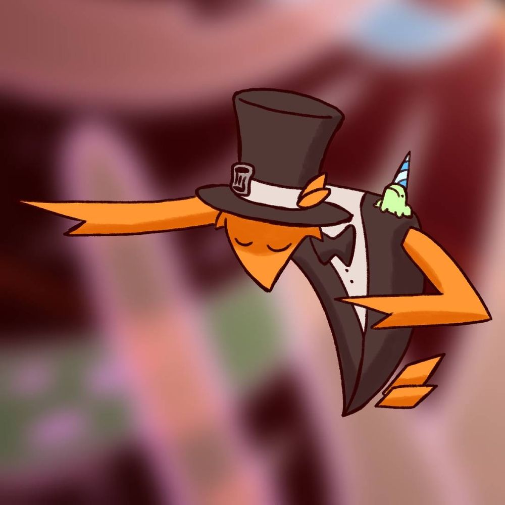 Cute orange triangular cartoon magician wearing tuxedo and a hat with the silkenwood logo 
Greeting you with a frog with a party hat