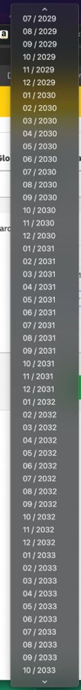 Screenshot of a date picker which is a drop down select field containing every month/year combination.