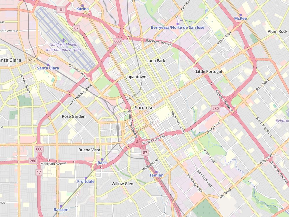Map of San Jose centered on a label of San José with the accent mark. Also visible is the Berryessa/Norte de San José BART station.