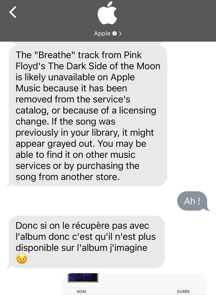 Message Apple:

The "Breathe" track from Pink
Floyd's The Dark Side of the Moon is likely unavailable on Apple
Music because it has been removed from the service's catalog, or because of a licensing change. If the song was previously in your library, it might appear grayed out. You may be able to find it on other music services or by purchasing the song from another store.

Donc si on le récupère pas avec l'album donc c'est qu'il n'est plus disponible sur l'album j'imagine