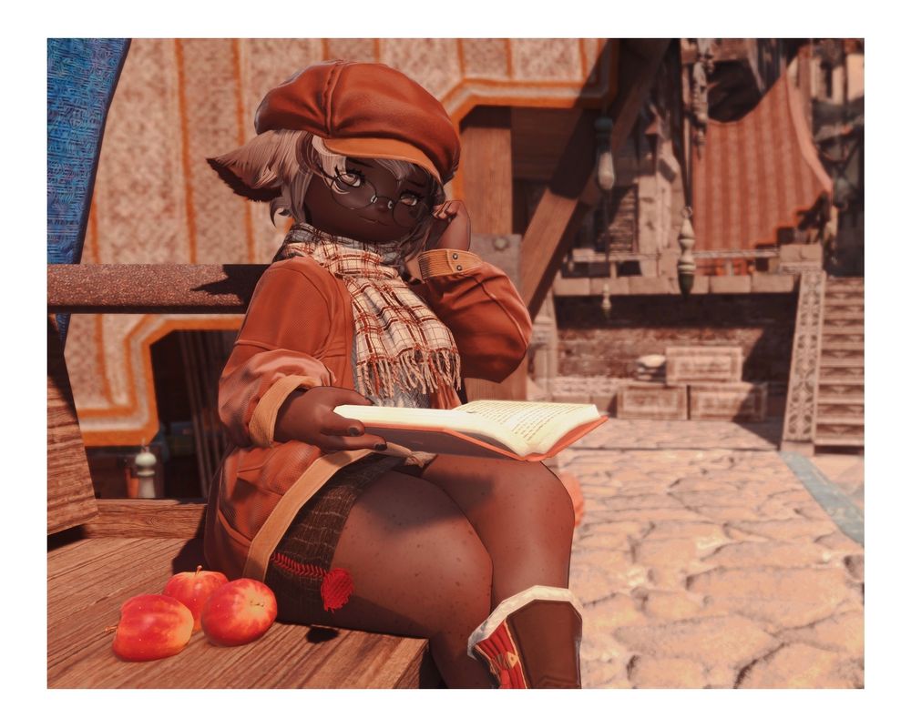 shuffle sits on the back of a wagon in Ishgard’s market square. She holds an open book with three apples at her side… 