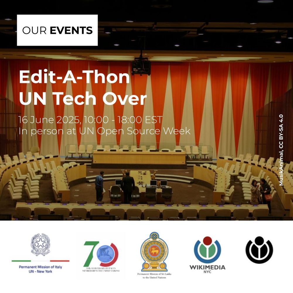 An image promoting the Edit-A-Thon at UN Tech Over, which will be held on 15 June 2025, between 10AM and 6PM EST in person at UN Open Source Week