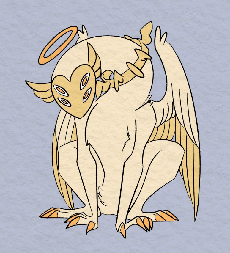 image depicts a 'biblically accurate angel' with many sets of wings on a blue-grey background.
