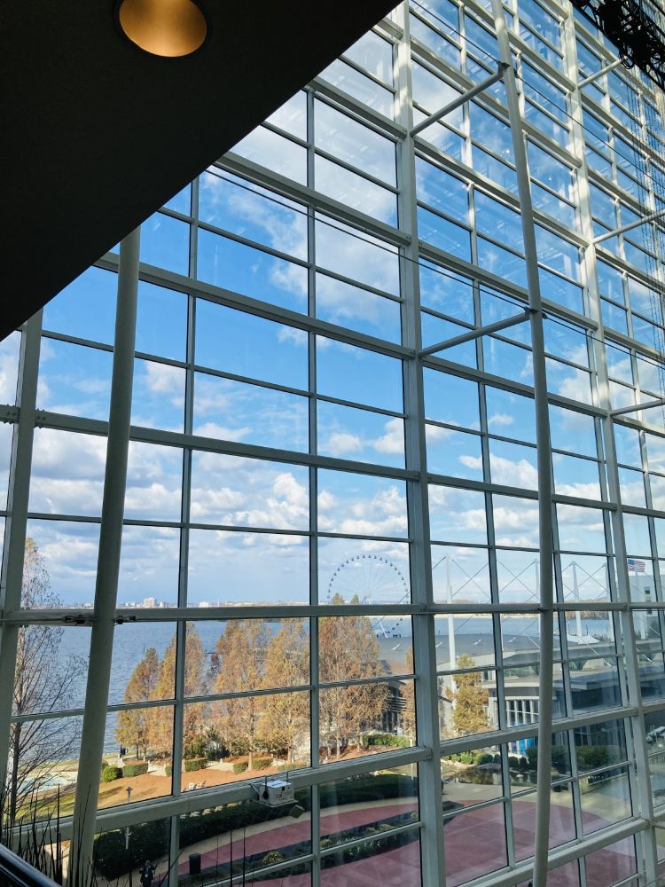 Looking outside through large glass windows at conference center at blue sky, colds, and fall colors.