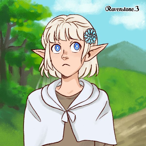 An elf with white hair and a blue flower.
