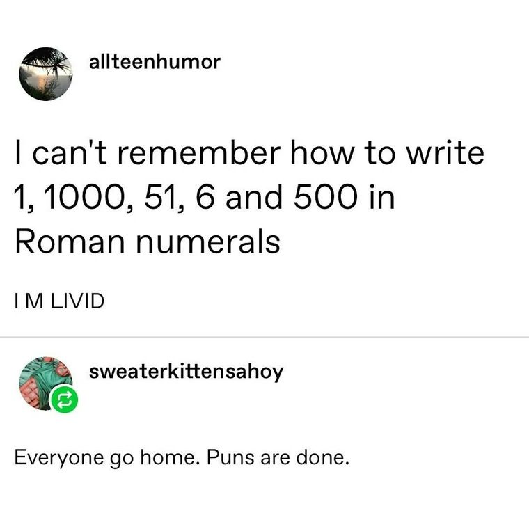 Post from allteenhumor

I can't remember how to write 1, 1000, 51, 6 and 500 in Roman numerals

IM LIVID

Post from sweaterkittensahoy

Everyone go home. Puns are done.