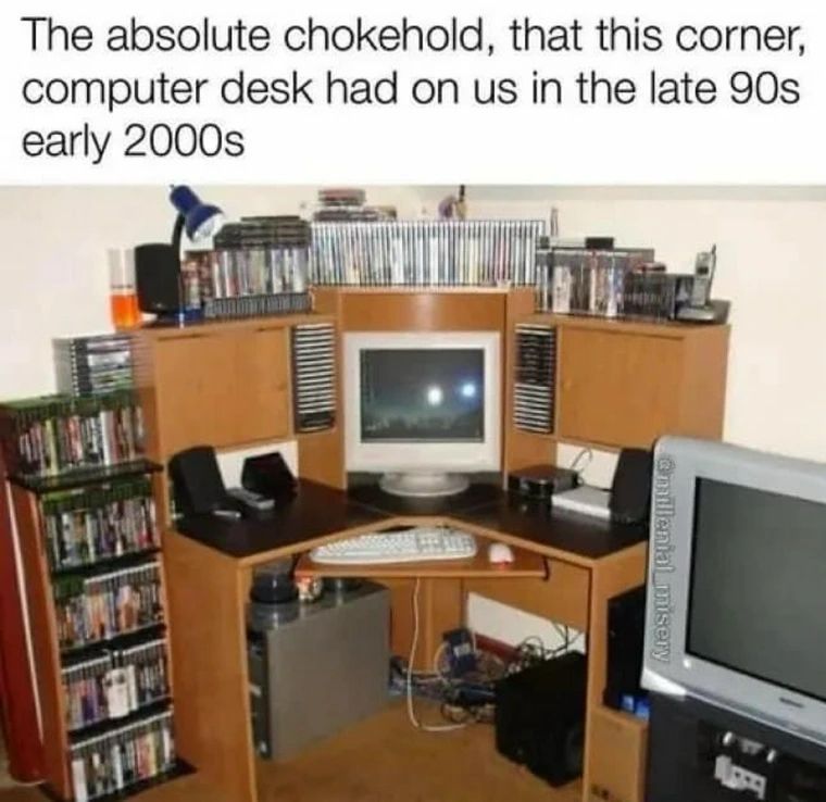 CaptionThe absolute chokehold, that this corner, computer desk had on us in the late 90s early 2000s
Picture of corner computer desk with tower computer and assorted peripherals 