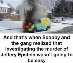 Picture - Scooby-Doo and the gangs Mystery Machine on fire in snowy suburbia with words 

'And that's when Scooby and the gang realised that investigating the murder of Jeffery Epstein wasn't going to be easy'

