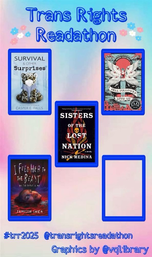 A heading of blue text reads “Trans Rights Readathon”. Below are five rectangles with a thick blue border. Four are filled in, with the covers of “Hell Followed With Us” “Survival & Other Surprises” “Sisters of the Lost Nation” and “I Feed Her To the Beast”. They are in the shape of book covers. At the bottom, blue text says “ #trr2025 @transrightsreadathon Graphics by @vqlibrary “