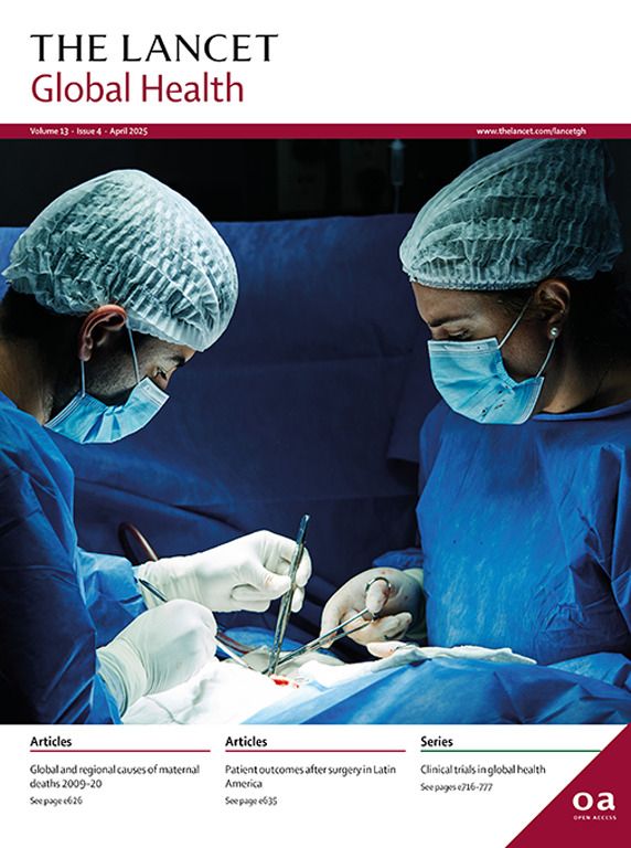 The cover of the April 2025 issue of The Lancet Global Health, showing a photograph of two surgeons at work