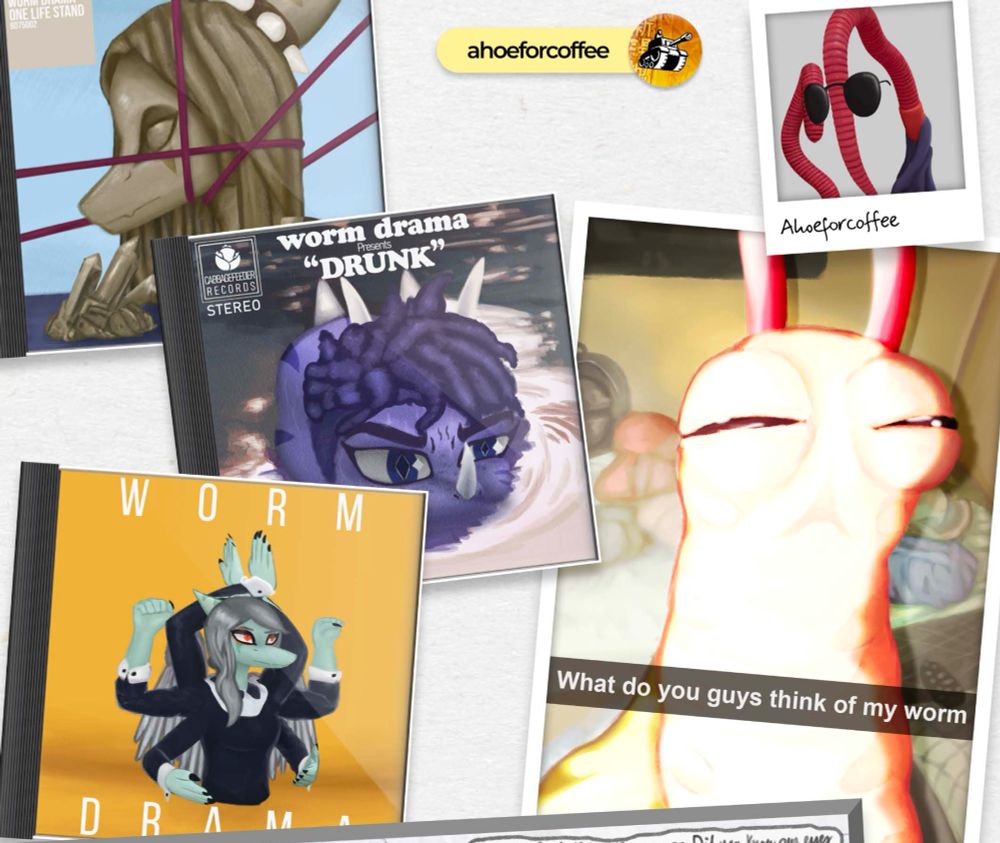 a page of art by ahoforcoffee. Artworks feature imaginary Worm Drama CD covers and a picture of mango with the caption 