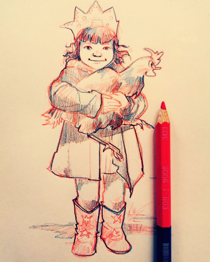 Dessin aux crayons rouge et bleu d'une petite fille tenant un gros coq dans ses bras. 
