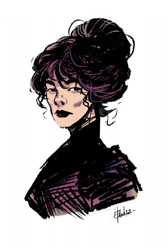 Dessin au trait, avec des hachures, d'une femme du 19ème avec un gros chignon et une robe noire simple.

Line drawing, with hatching, of a 19th century woman with a big bun and a simple black dress.