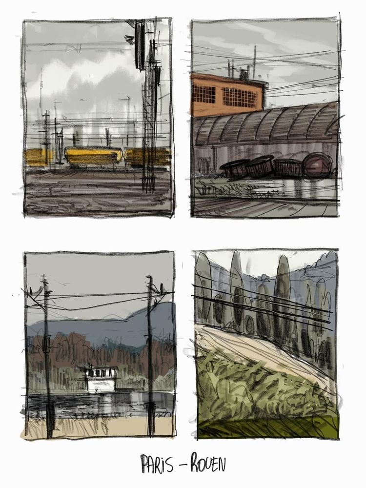 4 rapides croquis figurant sur le vif un trajet en train entre Paris et Rouen.
Vue sur la Seine, de zones industrielles, des champs et les rails avec des trains de marchandise. 