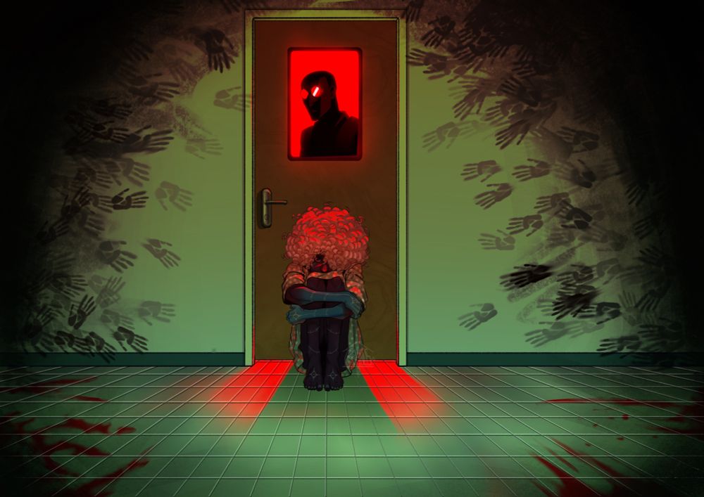A girl sits in the fetal position in front of a door with one eye peeking from her curly hair. She sits on a tile floor. Through the window in a dark figure backlit by bright red light. At the borders are shadows, where hand prints runs along the walls and blood streaks stains the floor 